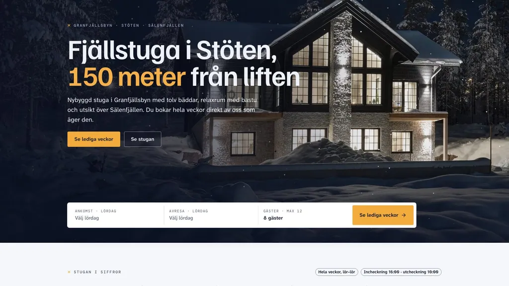 Polarstigens startsida: stugan en vinterkväll, rubriken "Fjällstuga i Stöten, 150 meter från liften" och en sökruta för lediga veckor. Demodata.