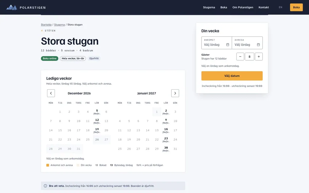 Stora stugans sida: fakta, kalendern med lediga veckor över jul och nyår och bokningskortet "Din vecka". Demodata.