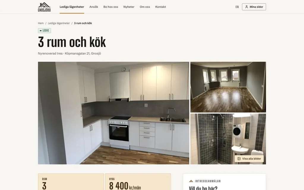 En lägenhetssida hos GnosjöBo: en nyrenoverad trea markerad som ledig, med bilder på köket, ett rum och badrummet. Demodata.