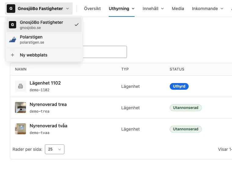 Backoffice med sajtväxlaren öppen: GnosjöBo Fastigheter och Polarstigen i samma meny, med GnosjöBos lägenheter bakom. Demodata.