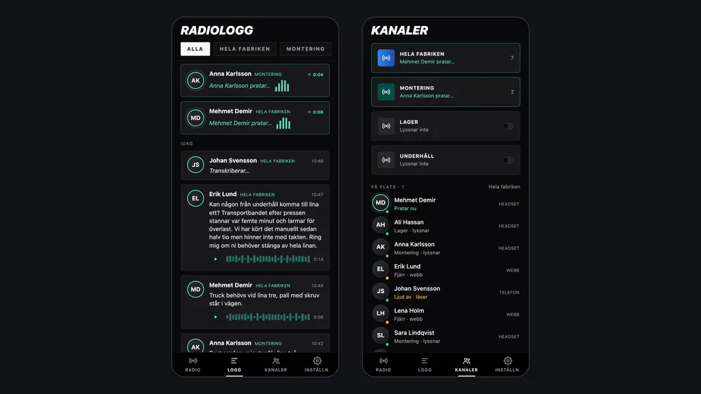 Radiologgen, där varje anrop sparas som ljud och svensk text, bredvid kanalerna per område och vilka som är på plats just nu. Demodata.